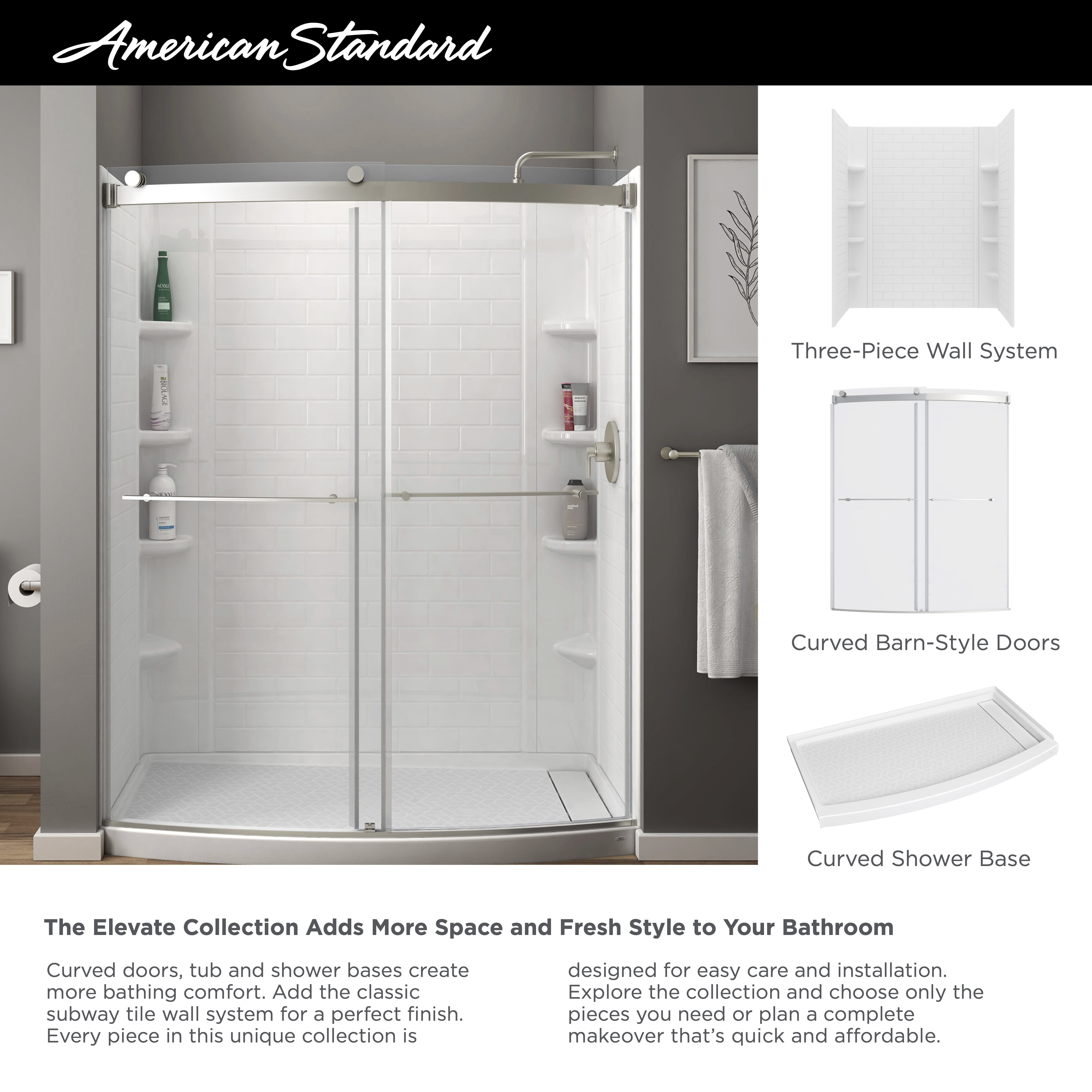 Elevate Frameless 60x72inch TopRoller Curved Sliding Shower Door